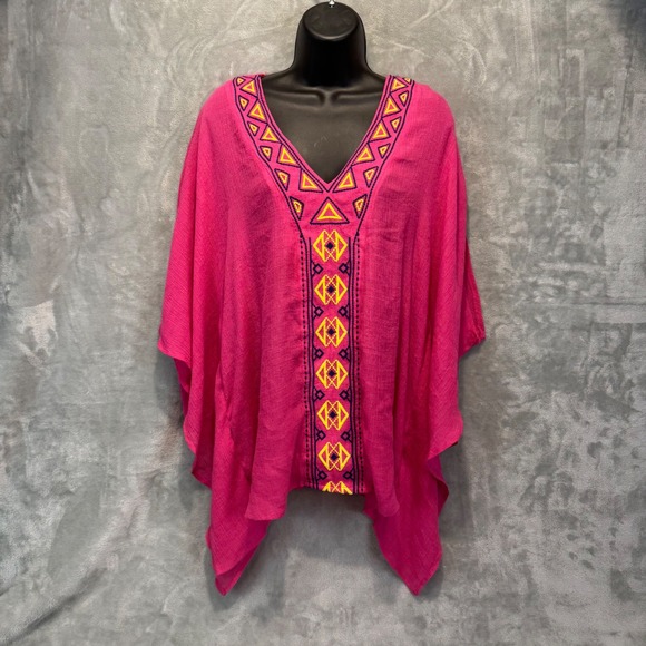 Umgee Tops - Umgee Pink‎ Embroidered Boho Tunic Poncho Top Large Magenta Geometric